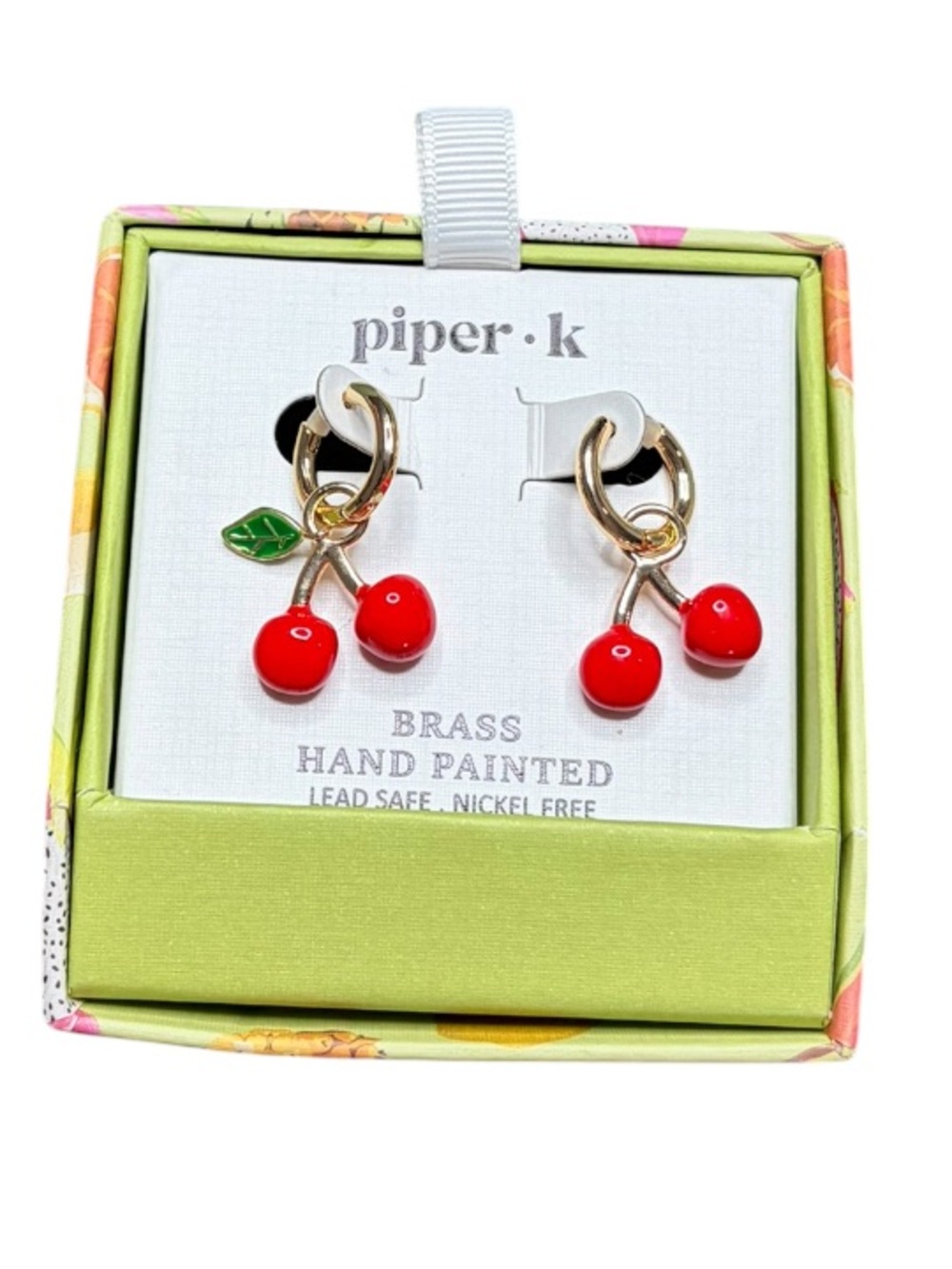 piper·k Red Cherry Drop Hoop Gold Tone Earrings